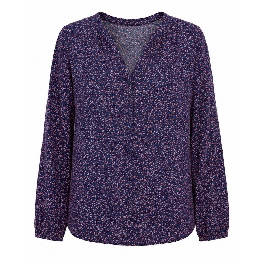 LOFT Blouse Womens XL Navy Blue Pink Anchor Print Split V-Neck Long Sleeve